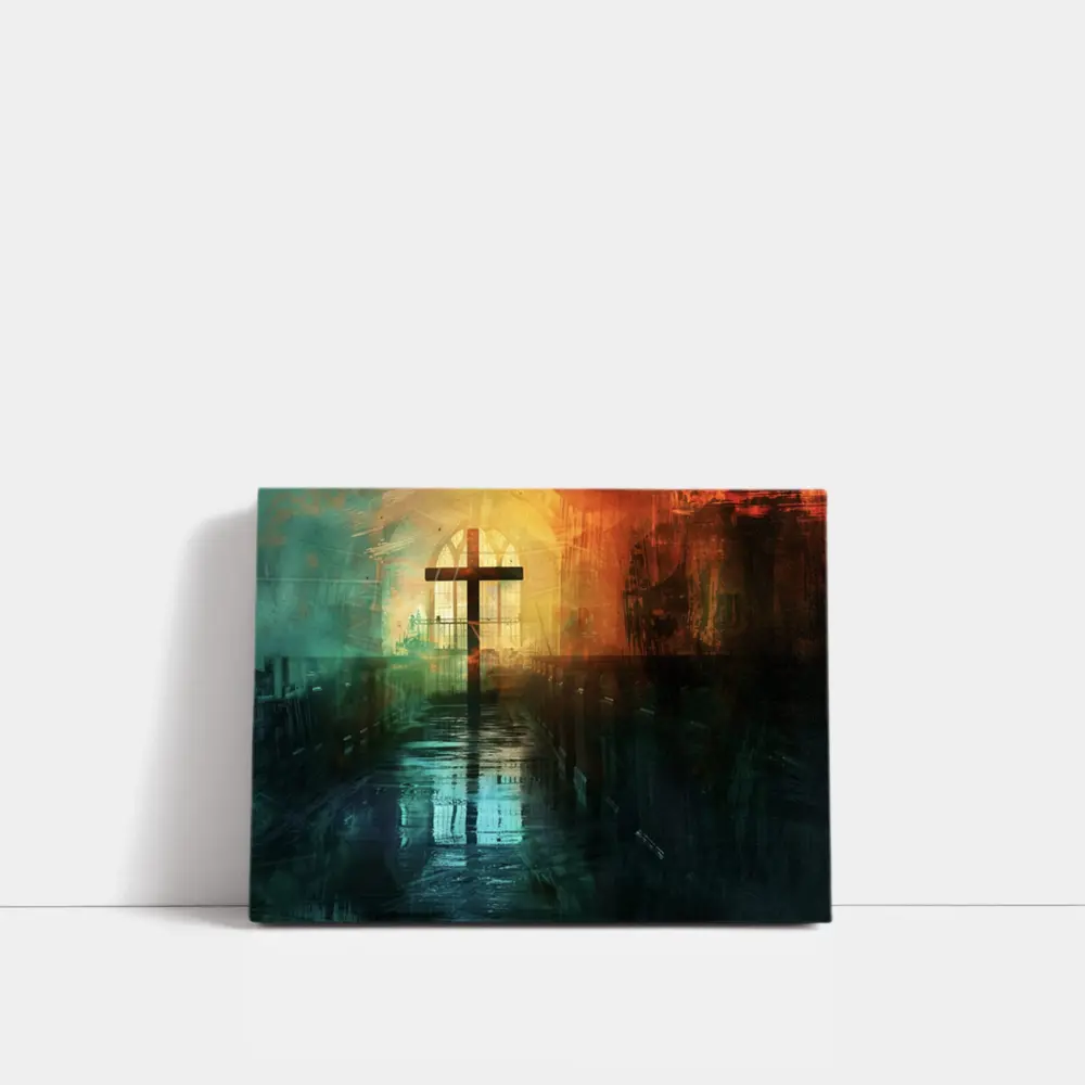Cross Inside Dark Atmospheric Church Interior – Wall Art