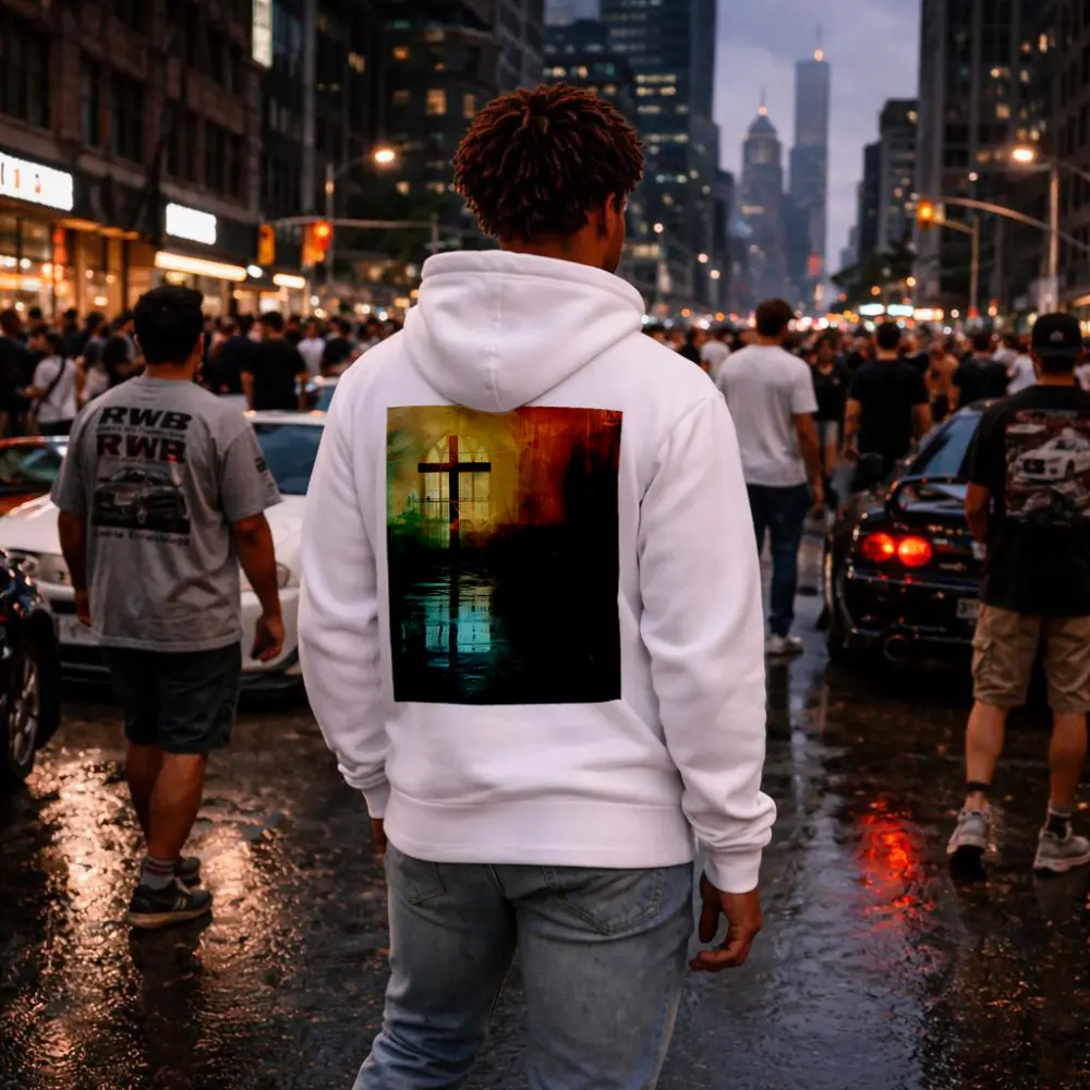 Cross Inside Dark Atmospheric Church Interior – Hoodies