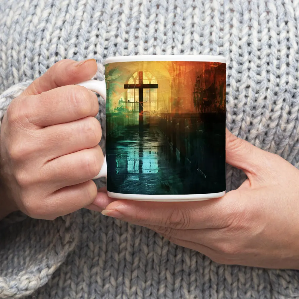 Cross Inside Dark Atmospheric Church Interior – Mugs