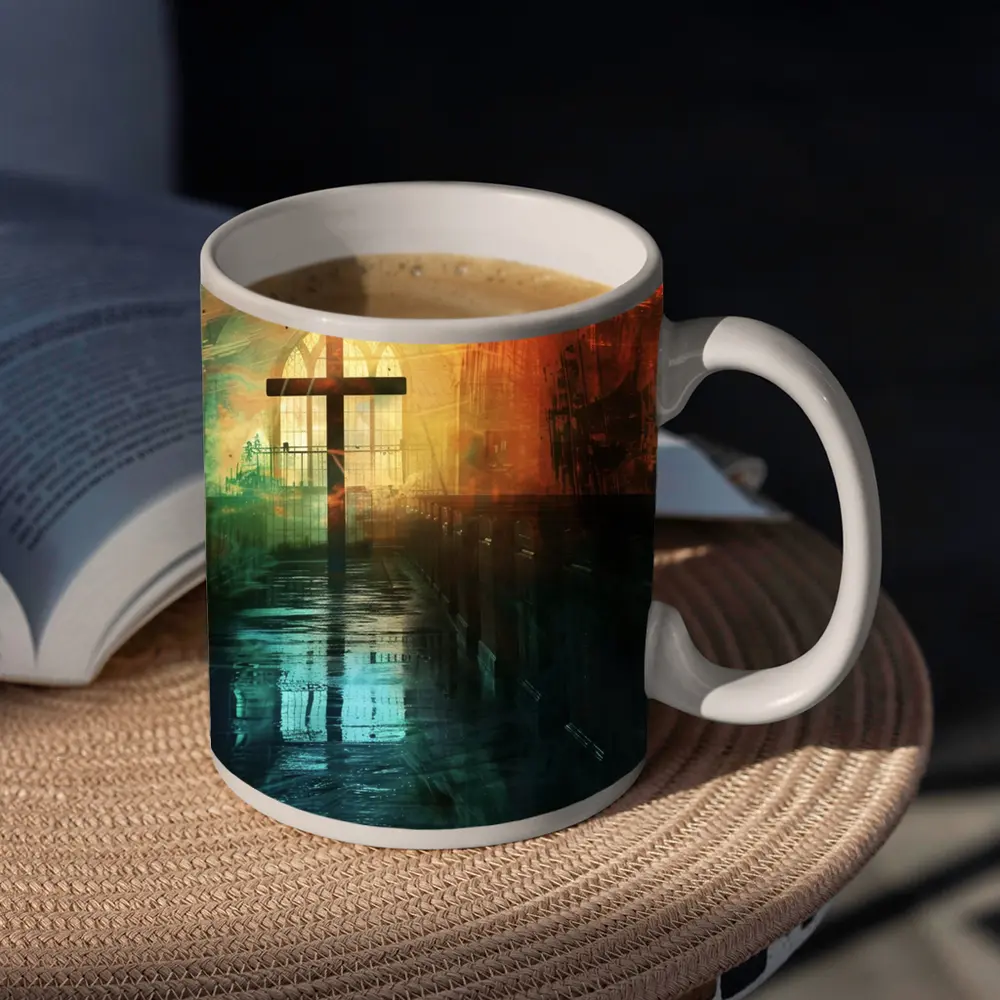 Cross Inside Dark Atmospheric Church Interior – Mugs
