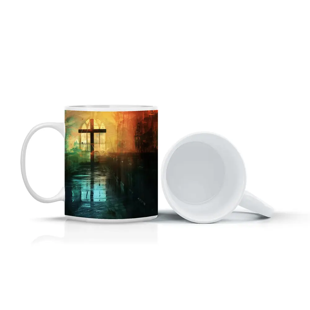 Cross Inside Dark Atmospheric Church Interior – Mugs