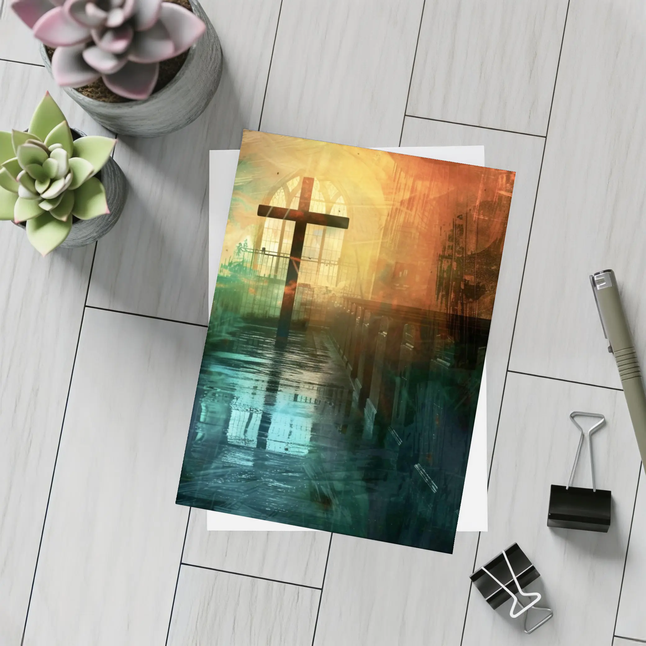 Cross Inside Dark Atmospheric Church Interior – Postcards