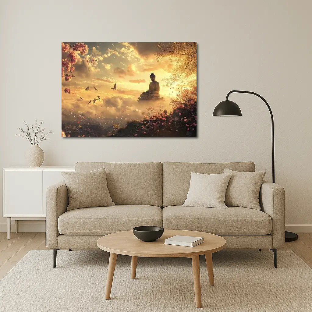 Buddha Statue Golden Sky Cherry Blossoms – Wall Art