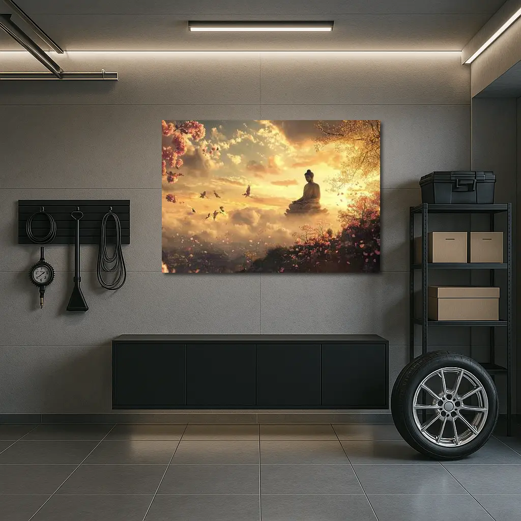 Buddha Statue Golden Sky Cherry Blossoms – Wall Art