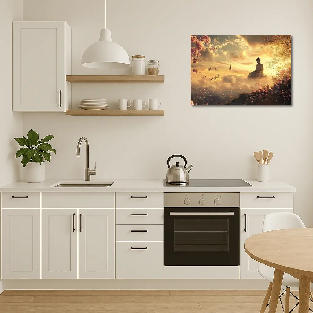Buddha Statue Golden Sky Cherry Blossoms – Wall Art