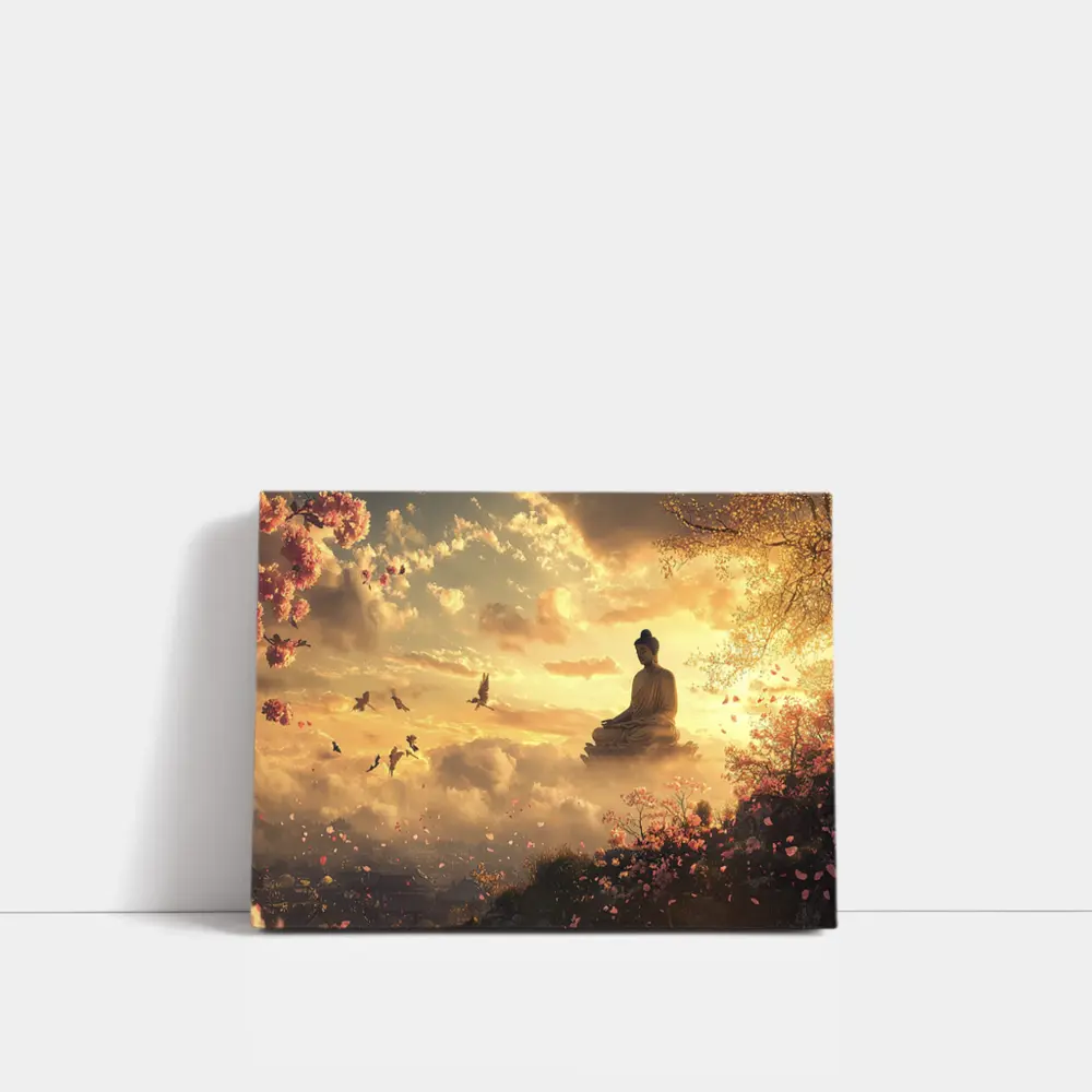 Buddha Statue Golden Sky Cherry Blossoms – Wall Art