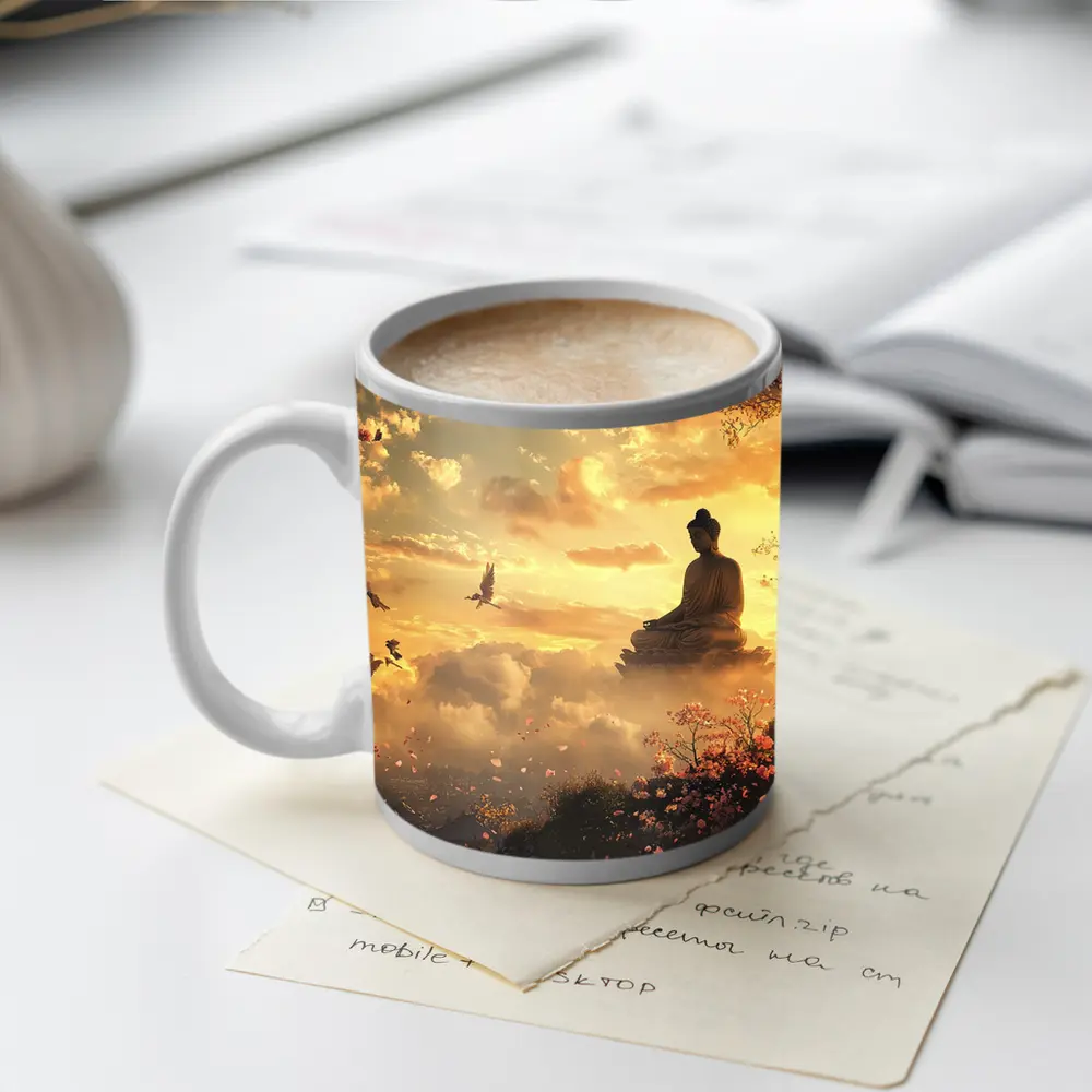 Buddha Statue Golden Sky Cherry Blossoms – Mugs
