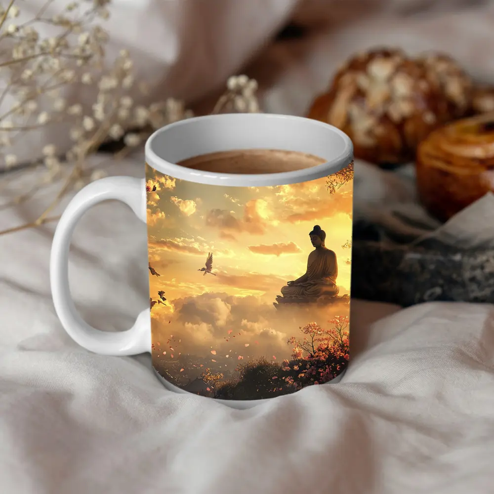 Buddha Statue Golden Sky Cherry Blossoms – Mugs