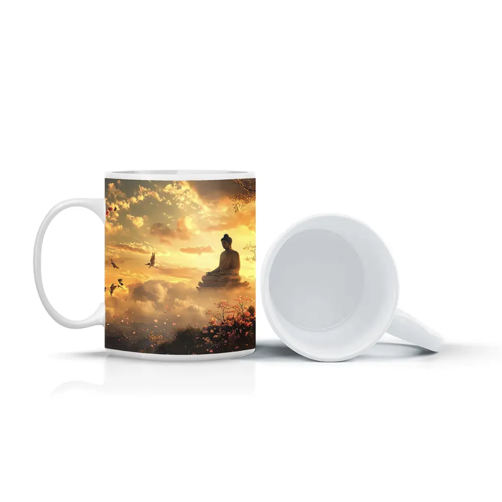 Buddha Statue Golden Sky Cherry Blossoms – Mugs