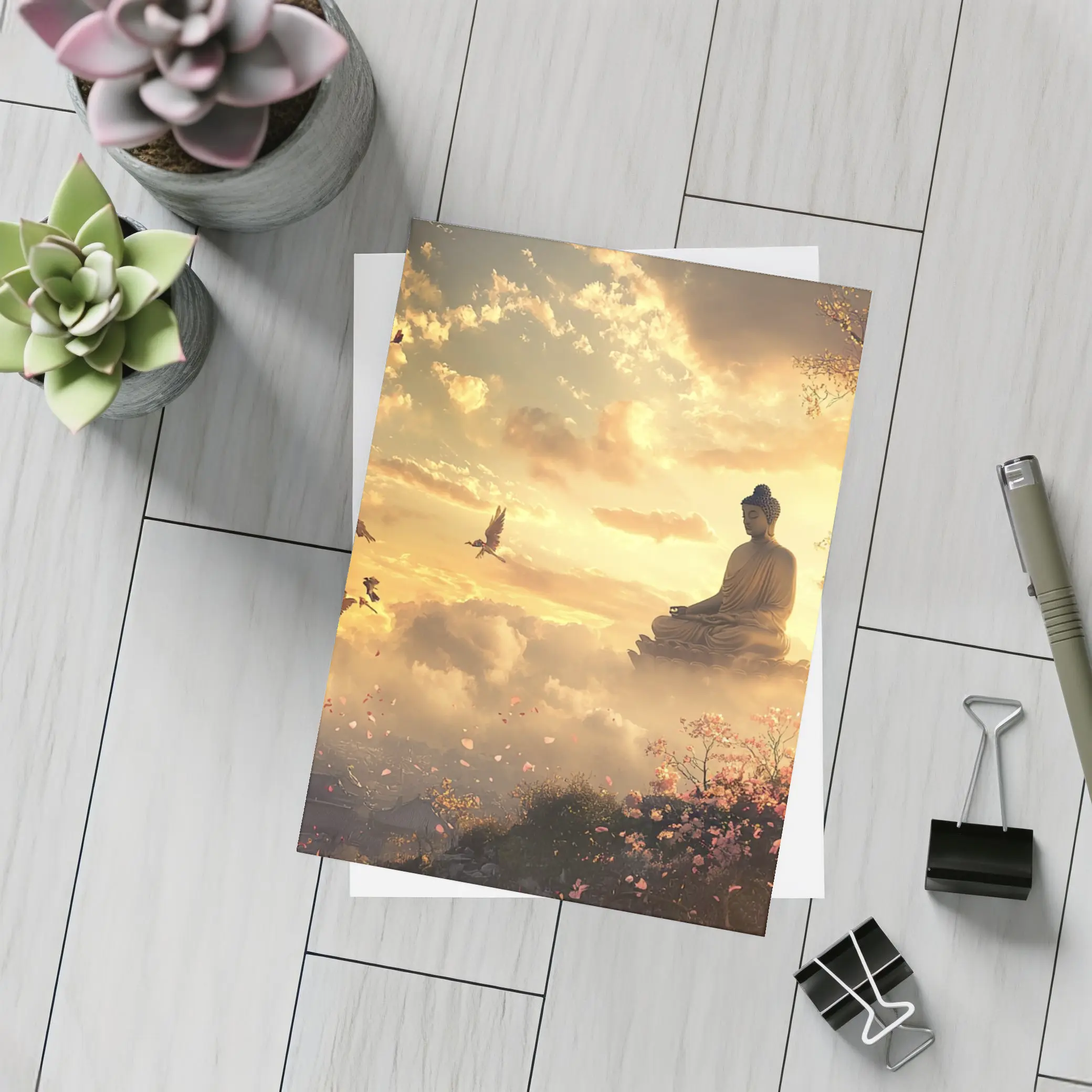 Buddha Statue Golden Sky Cherry Blossoms – Postcards