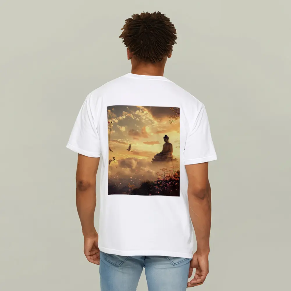 Buddha Statue Golden Sky Cherry Blossoms – T-Shirts