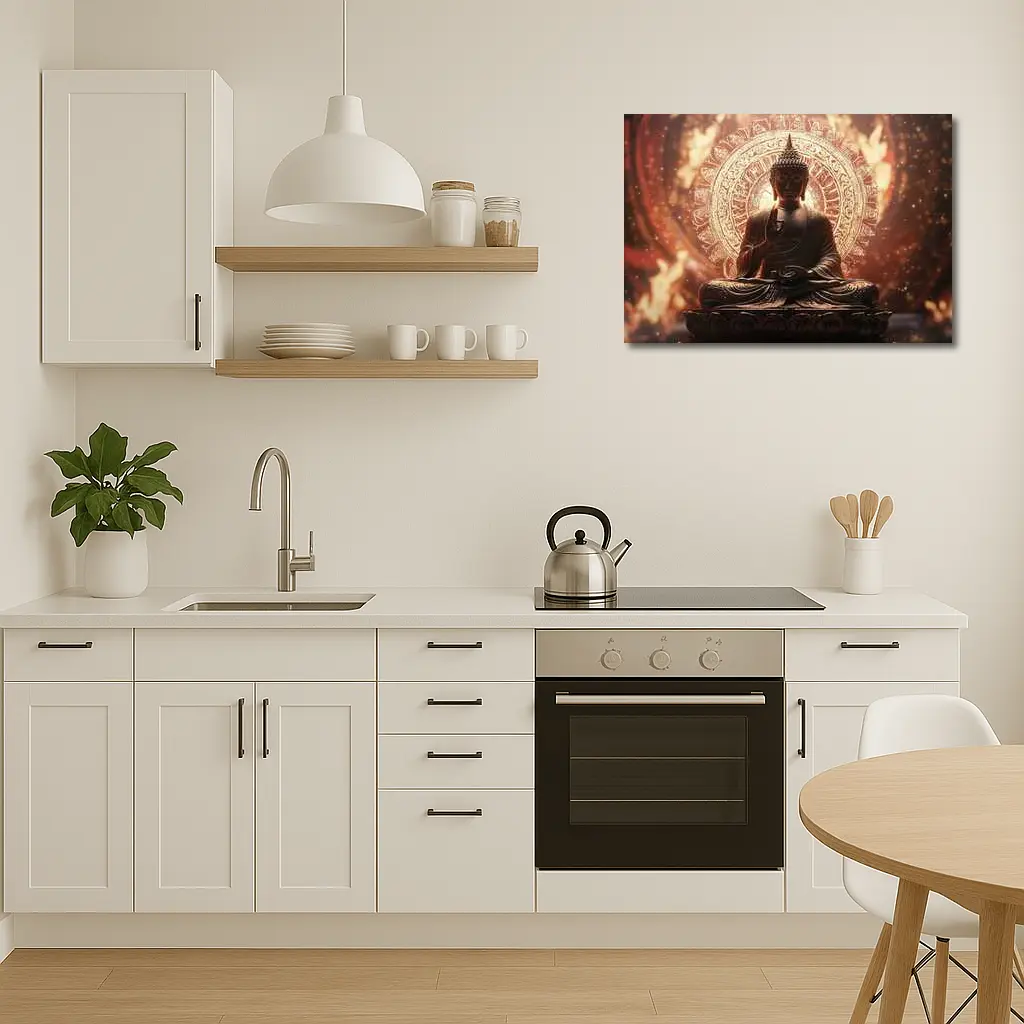 Golden Buddha Statue Glowing Mandala Background – Wall Art