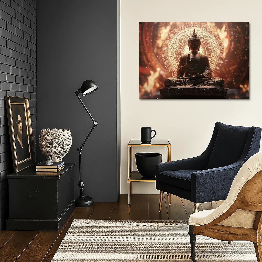 Golden Buddha Statue Glowing Mandala Background – Wall Art