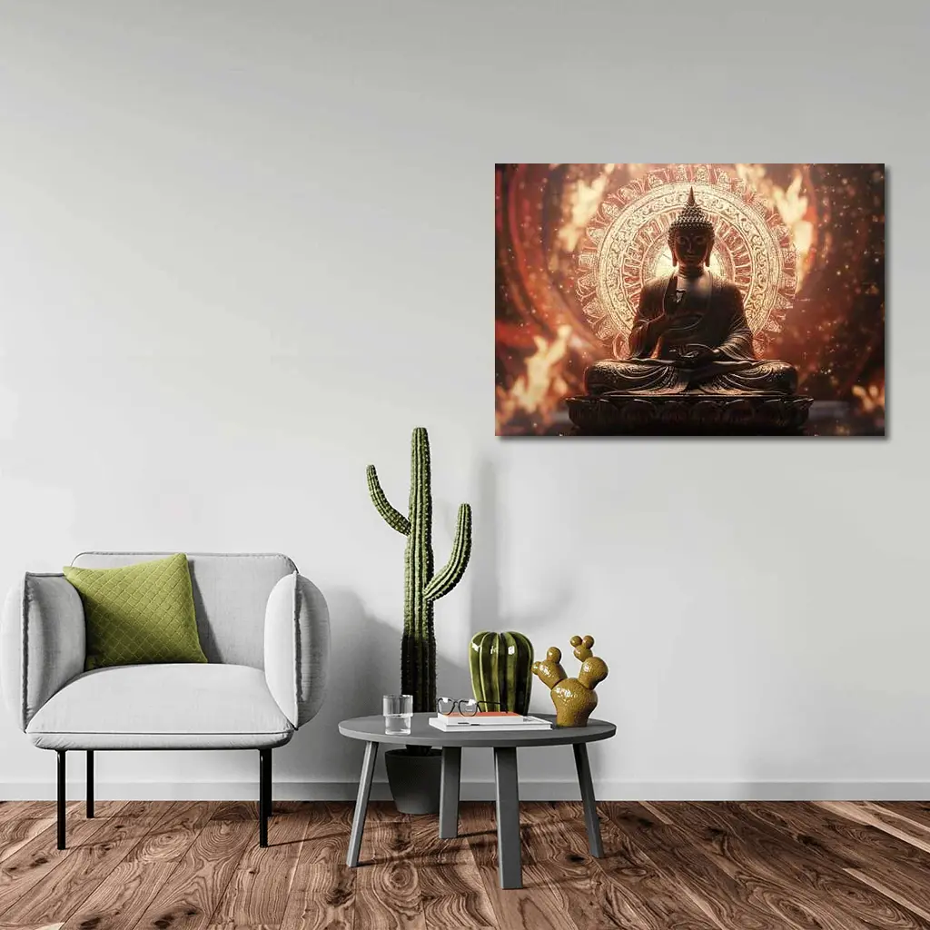 Golden Buddha Statue Glowing Mandala Background – Wall Art