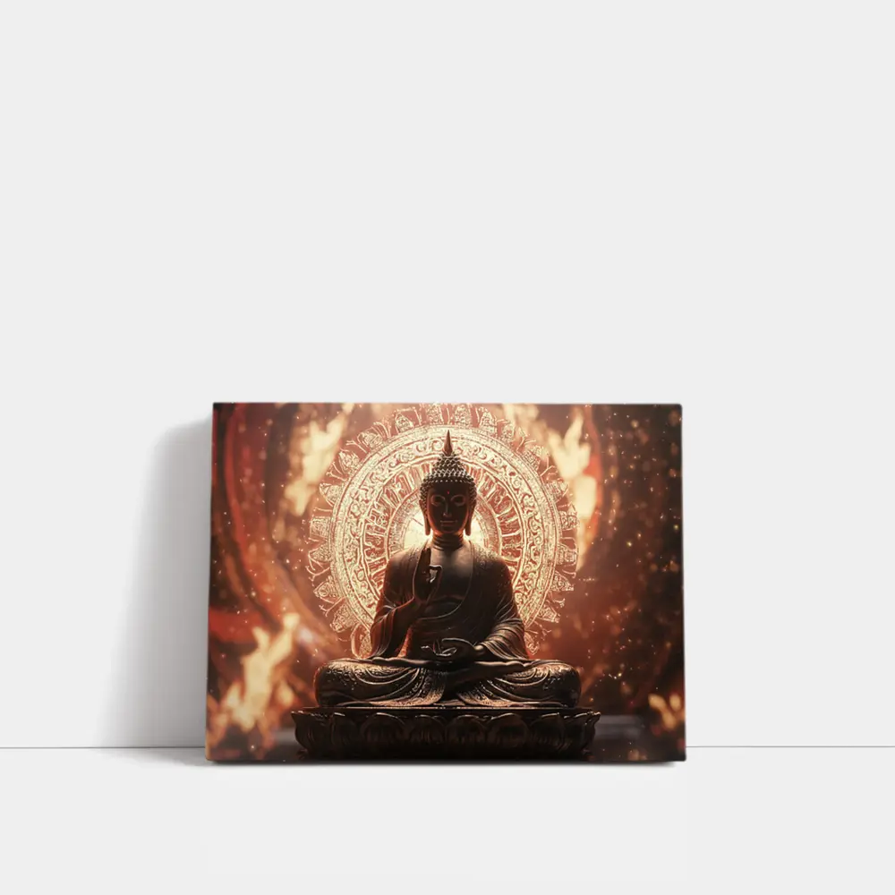 Golden Buddha Statue Glowing Mandala Background – Wall Art