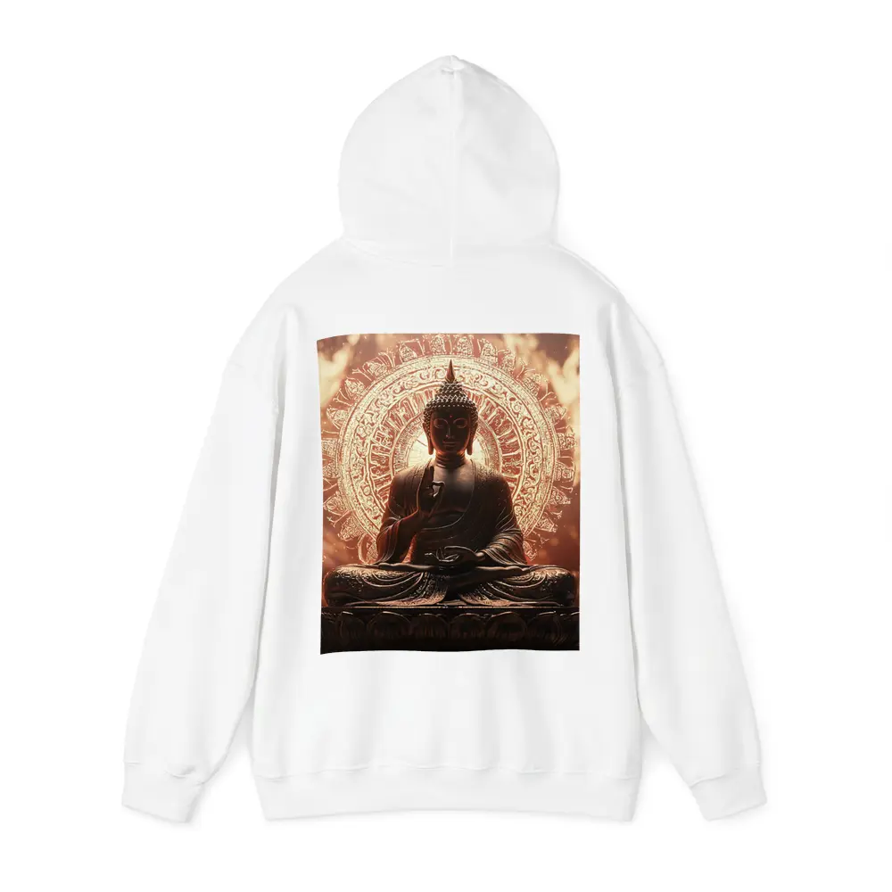 Golden Buddha Statue Glowing Mandala Background – Hoodies