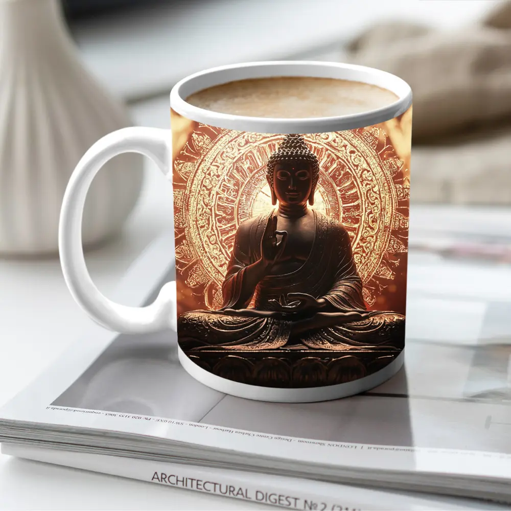 Golden Buddha Statue Glowing Mandala Background – Mugs