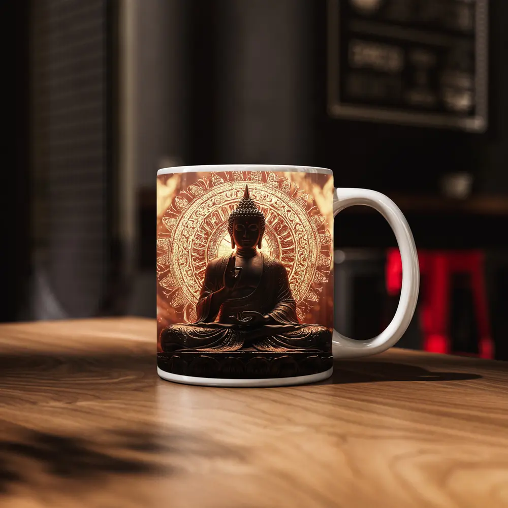 Golden Buddha Statue Glowing Mandala Background – Mugs