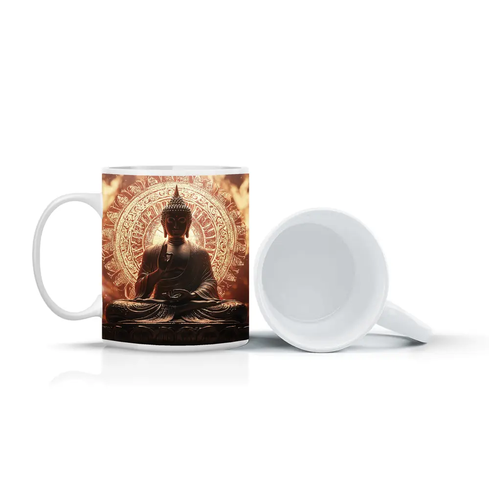 Golden Buddha Statue Glowing Mandala Background – Mugs