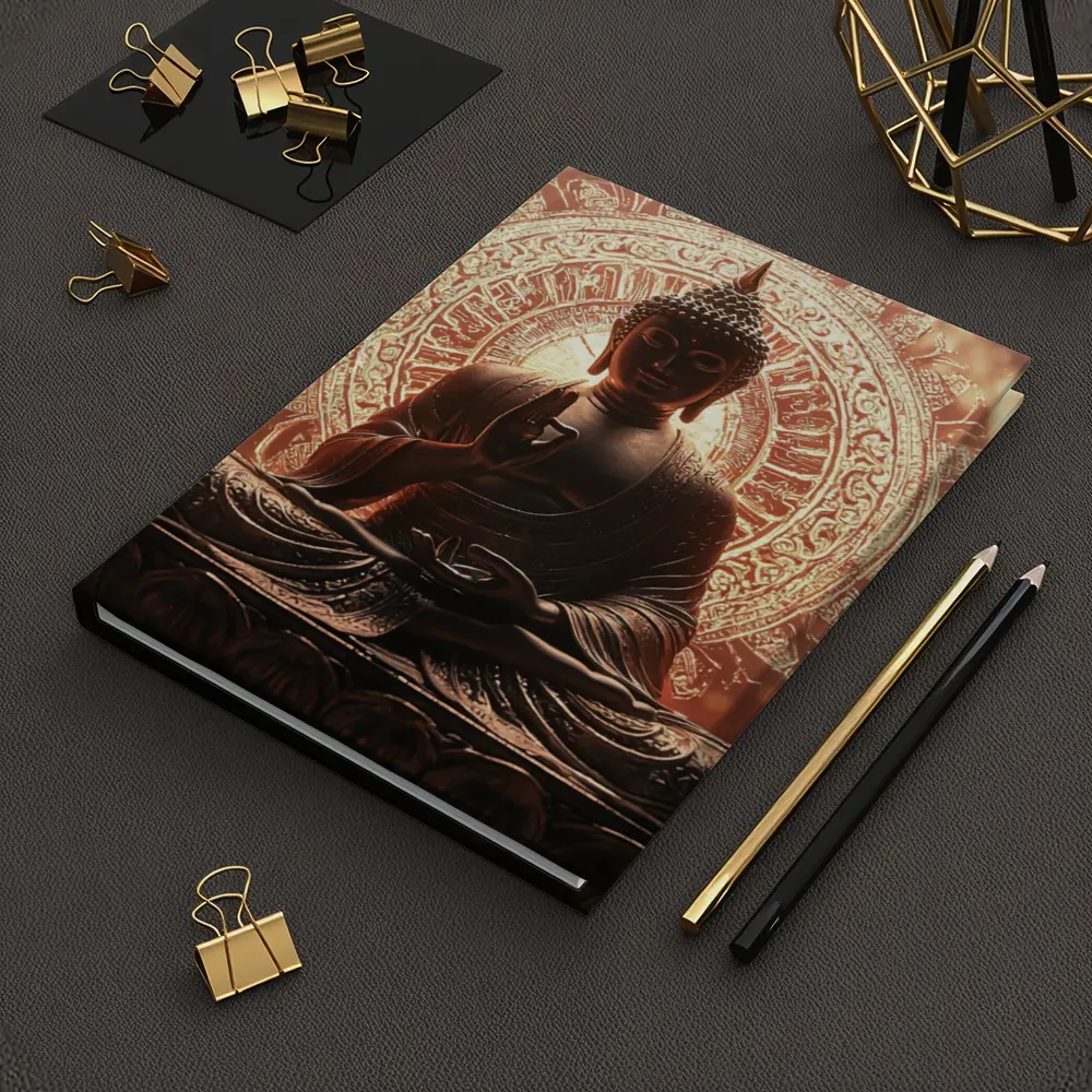 Golden Buddha Statue Glowing Mandala Background – Notebooks