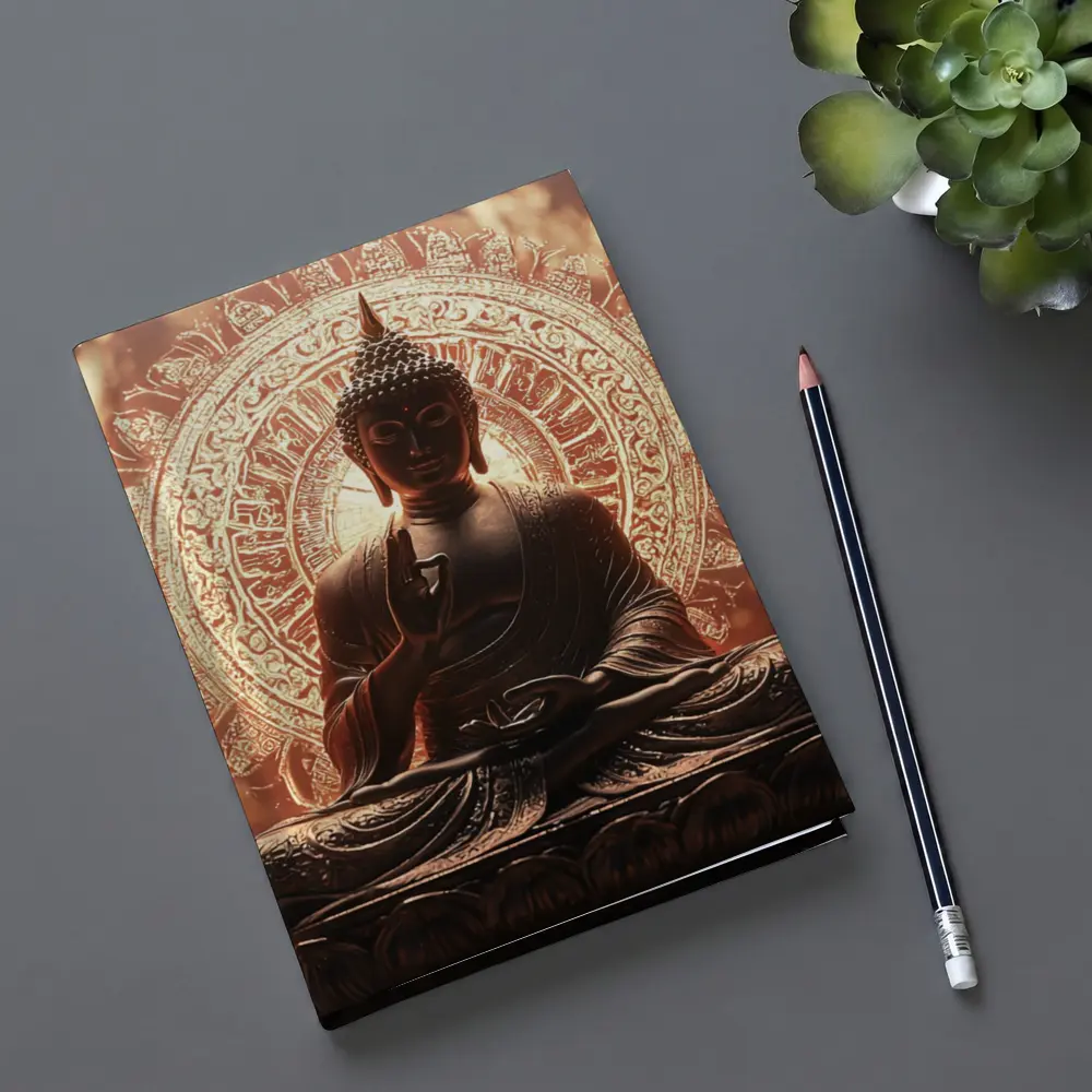 Golden Buddha Statue Glowing Mandala Background – Notebooks