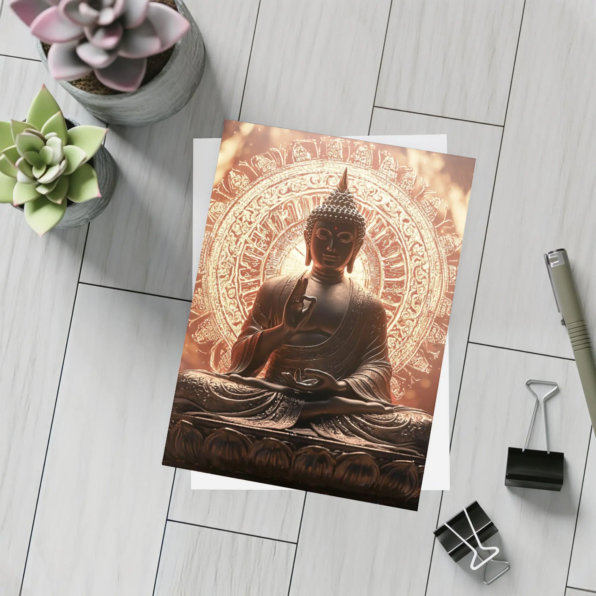 Golden Buddha Statue Glowing Mandala Background – Postcards