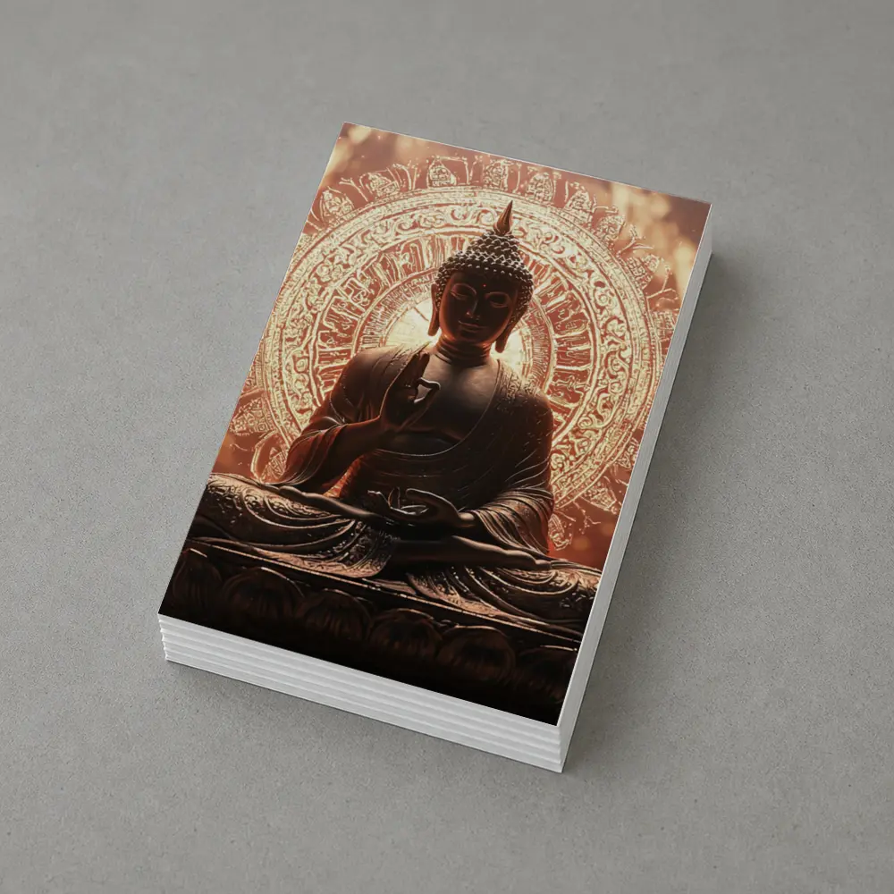 Golden Buddha Statue Glowing Mandala Background – Postcards