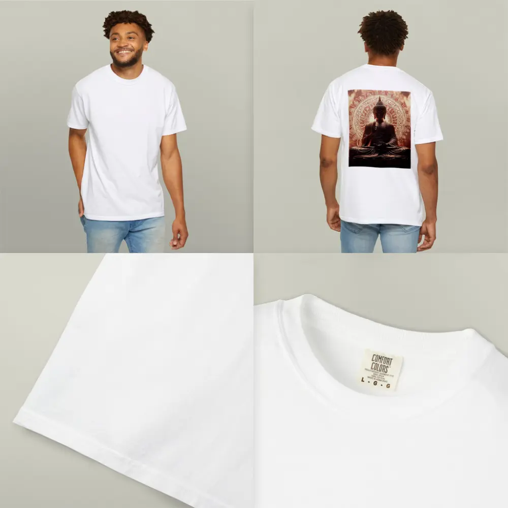 Golden Buddha Statue Glowing Mandala Background – T-Shirts