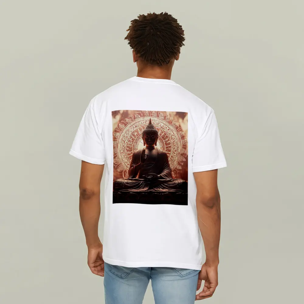 Golden Buddha Statue Glowing Mandala Background – T-Shirts