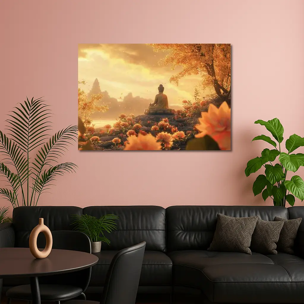 Buddha Meditating Golden Lotus Flowers Landscape – Wall Art