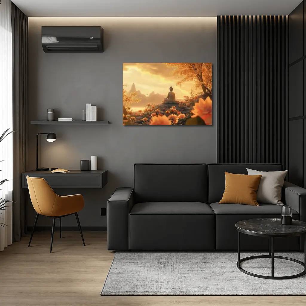 Buddha Meditating Golden Lotus Flowers Landscape – Wall Art