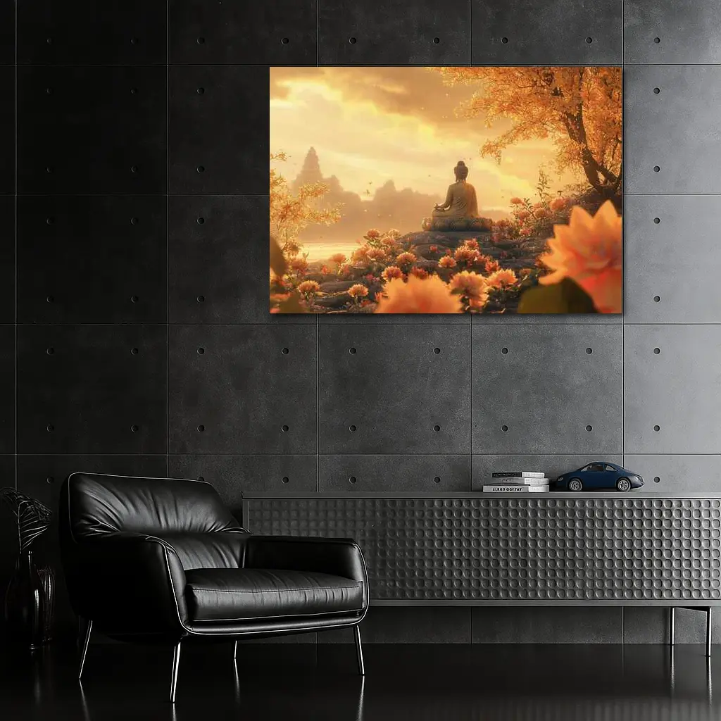 Buddha Meditating Golden Lotus Flowers Landscape – Wall Art