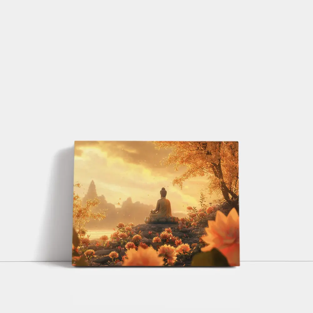 Buddha Meditating Golden Lotus Flowers Landscape – Wall Art