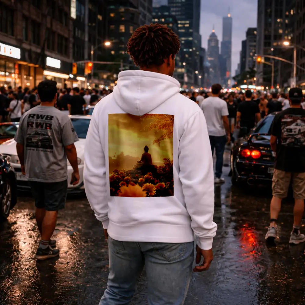 Buddha Meditating Golden Lotus Flowers Landscape – Hoodies