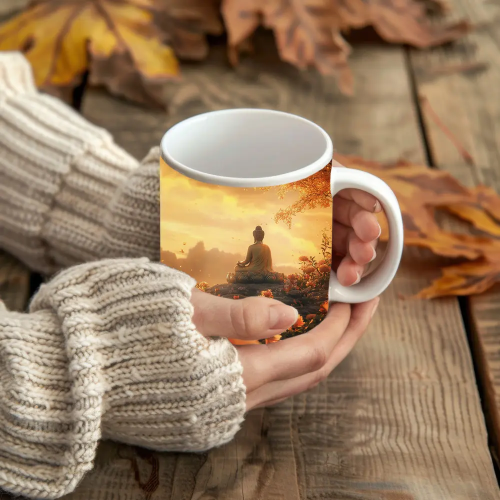 Buddha Meditating Golden Lotus Flowers Landscape – Mugs