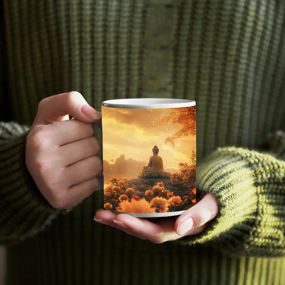 Buddha Meditating Golden Lotus Flowers Landscape – Mugs