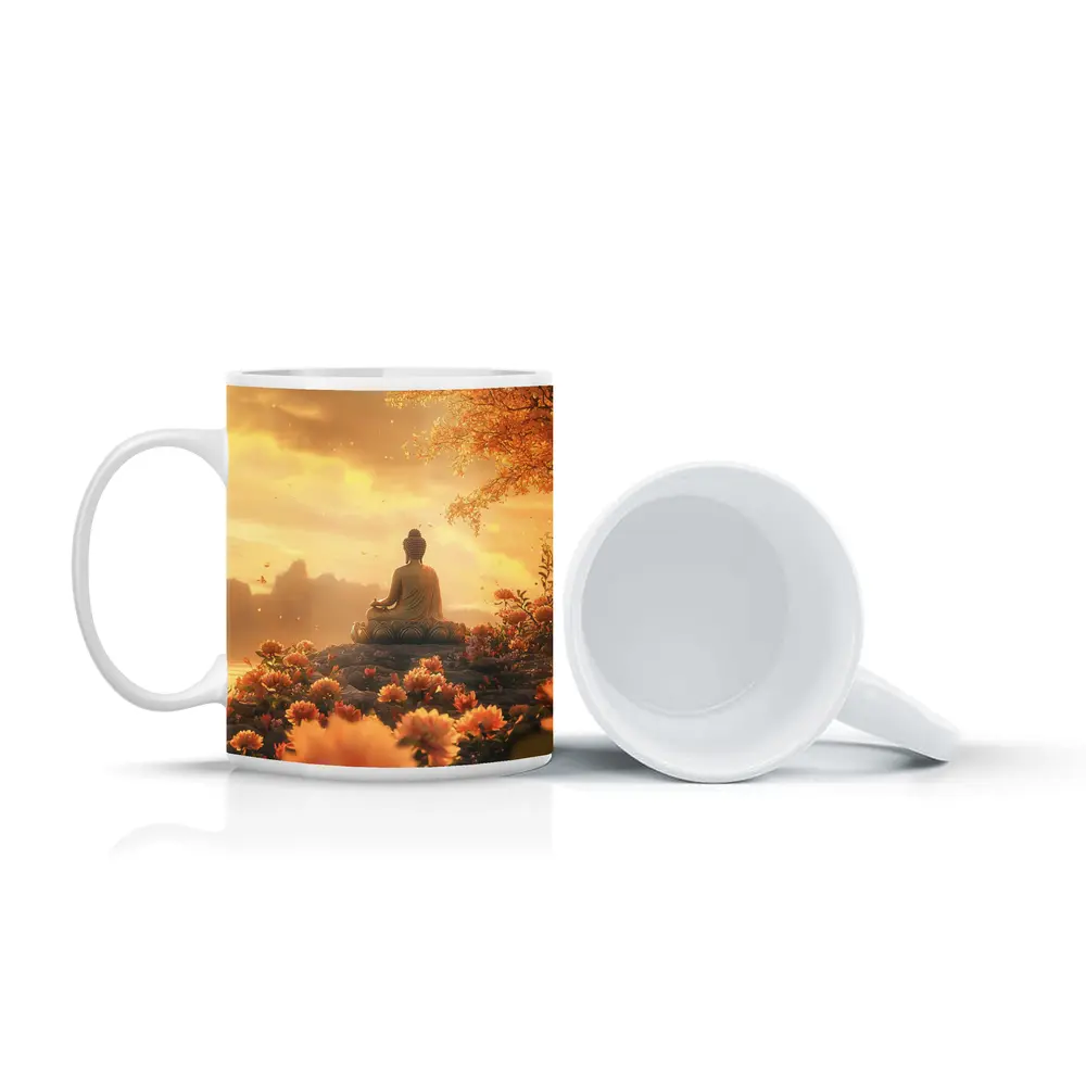 Buddha Meditating Golden Lotus Flowers Landscape – Mugs