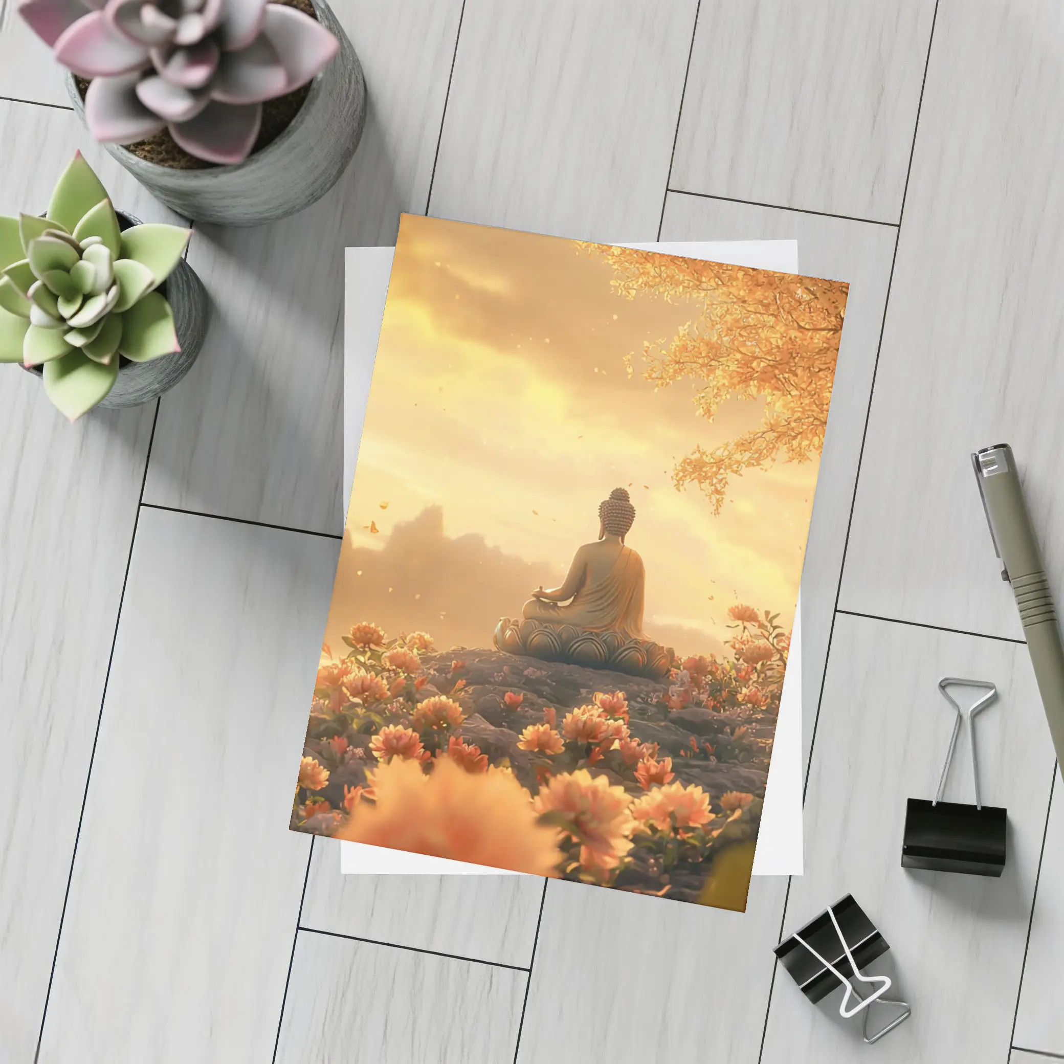 Buddha Meditating Golden Lotus Flowers Landscape – Postcards