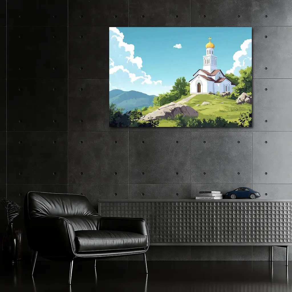 Orthodox Church Hilltop Anime Style Landscape – Wall Art