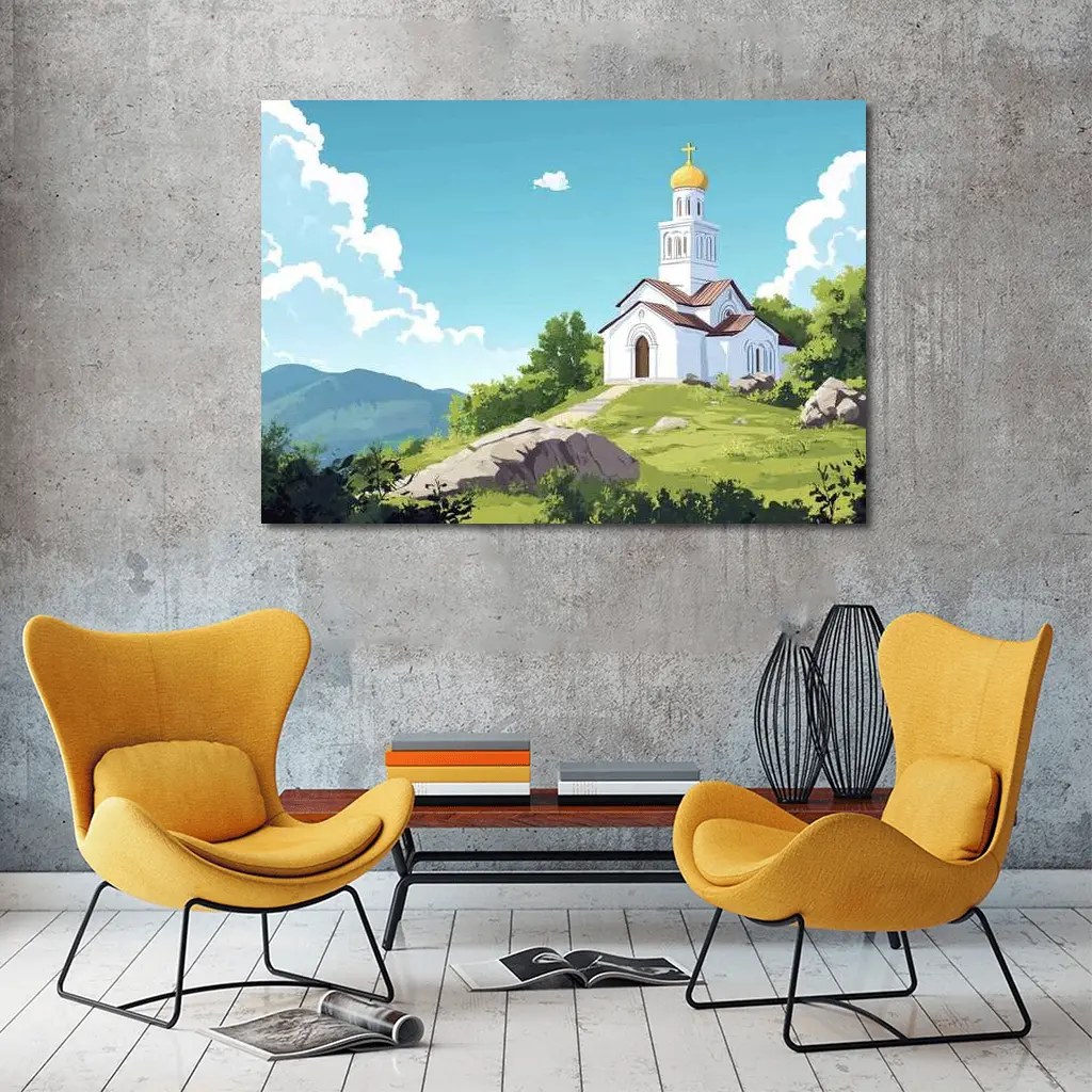 Orthodox Church Hilltop Anime Style Landscape – Wall Art