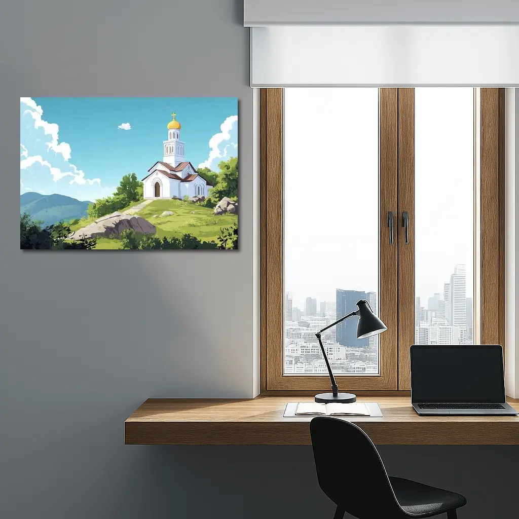 Orthodox Church Hilltop Anime Style Landscape – Wall Art