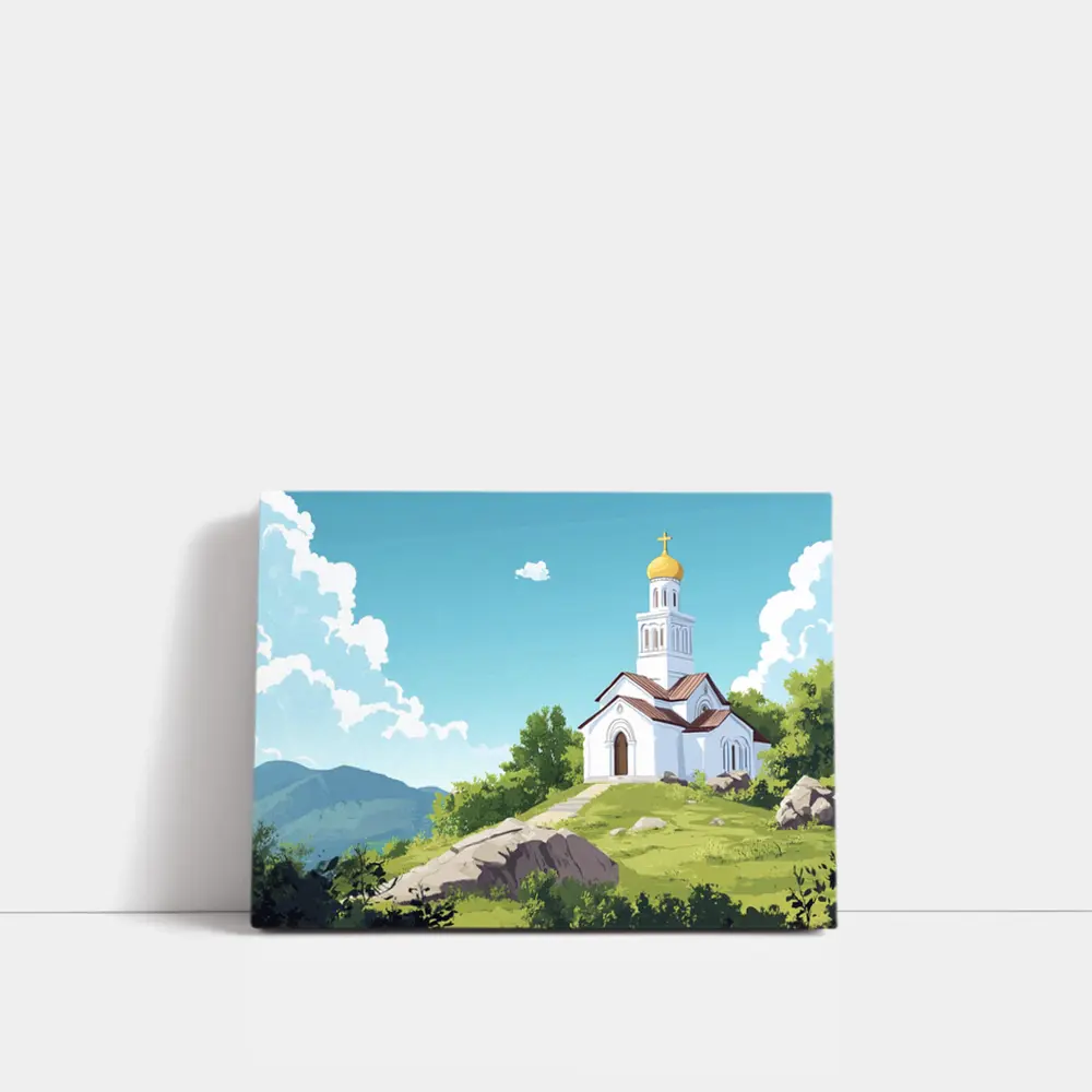 Orthodox Church Hilltop Anime Style Landscape – Wall Art