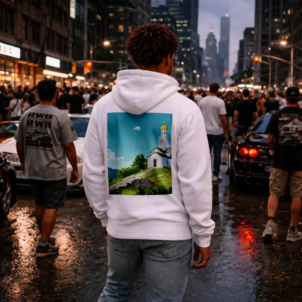 Orthodox Church Hilltop Anime Style Landscape – Hoodies