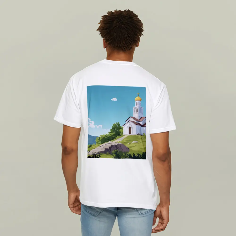 Orthodox Church Hilltop Anime Style Landscape – T-Shirts