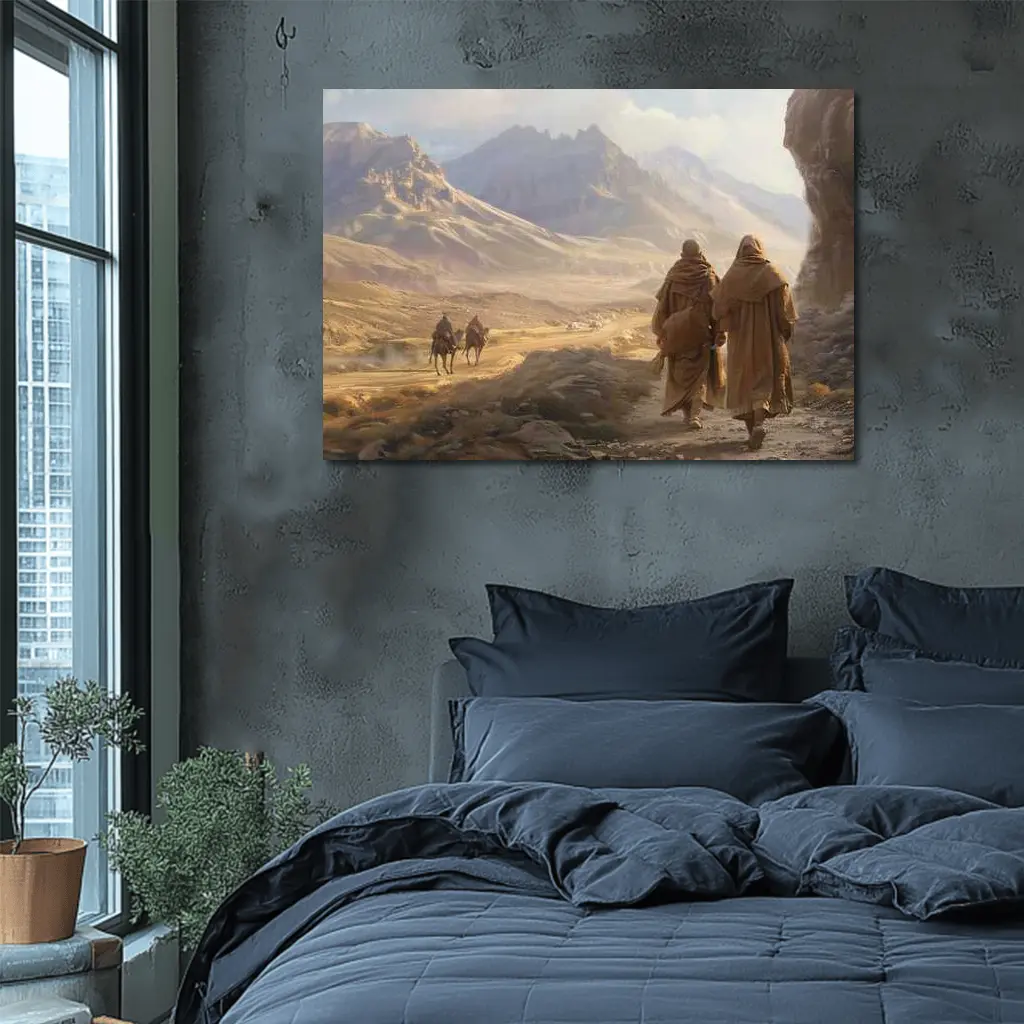 Two Robed Figures Walking Desert Mountain Landscape – Wall Art