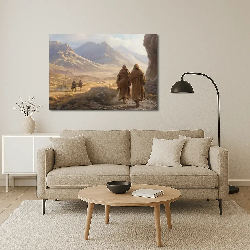 Two Robed Figures Walking Desert Mountain Landscape – Wall Art