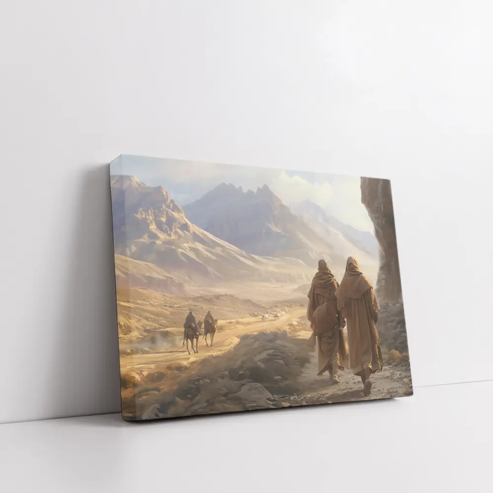 Two Robed Figures Walking Desert Mountain Landscape – Wall Art