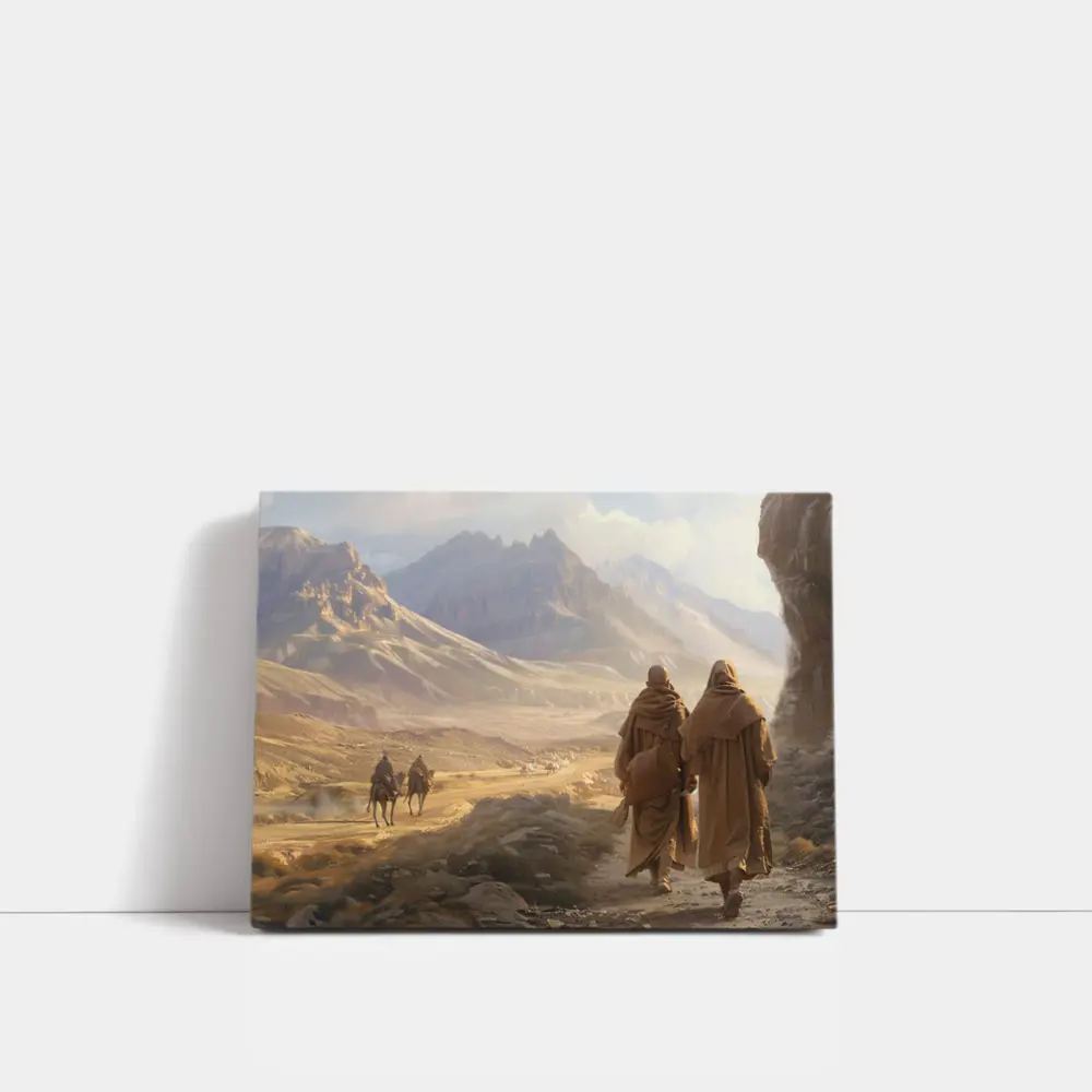 Two Robed Figures Walking Desert Mountain Landscape – Wall Art