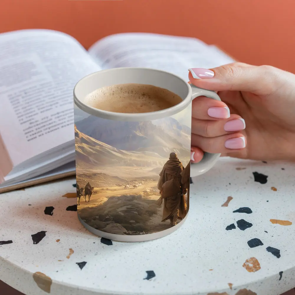 Two Robed Figures Walking Desert Mountain Landscape – Mugs