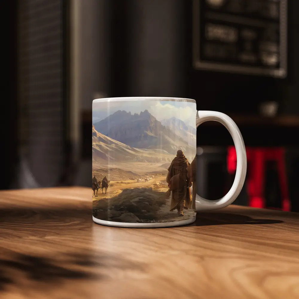 Two Robed Figures Walking Desert Mountain Landscape – Mugs